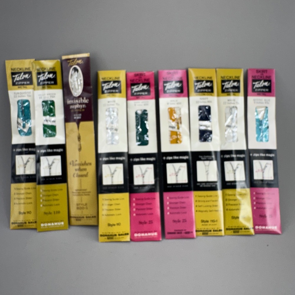 Talon Vintage Zippers Lot 9 Mixed Sizes Colors Metal Nylon Retro Sewing Notions